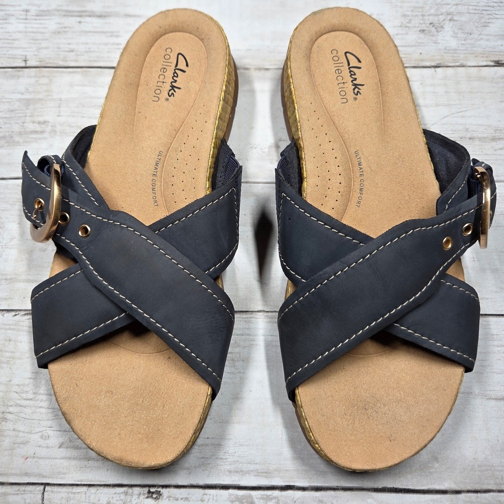 Clarks Collection Ultimate Comfort Slide Sandal Women 10 Navy Blue Leather Buckl